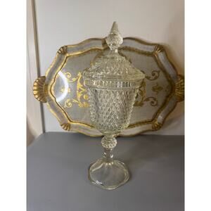 Clear Vintage Indiana Glass Diamond Point  Lidded Apothecary Jar
